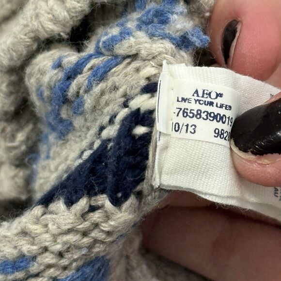 American Eagle Fair Isle Sweater Mens Medium Gray Blue Nordic Shawl Collar Knit - Picture 11 of 11